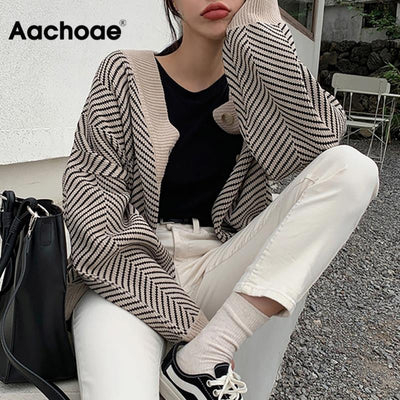 Knitted Striped Cardigan Sweater Women Fashion Patchwork Top Autumn Winter 2020 Long Sleeve Casual Outwears V Neck Buttons Coat - goldylify.com